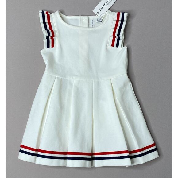 NWT Janie & Jack White Pleated Ponte Dress w/Red and Blue Trim Girls 12-18 Mo